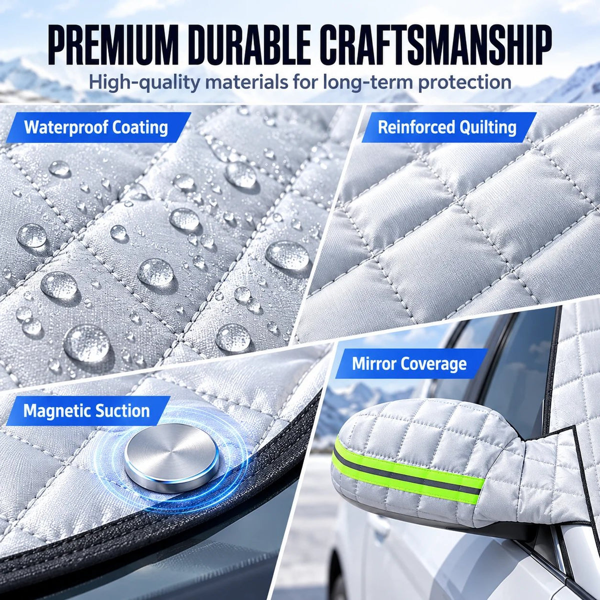Product detail collage showing coated fabric, quilting, attachment detail and mirror coverage