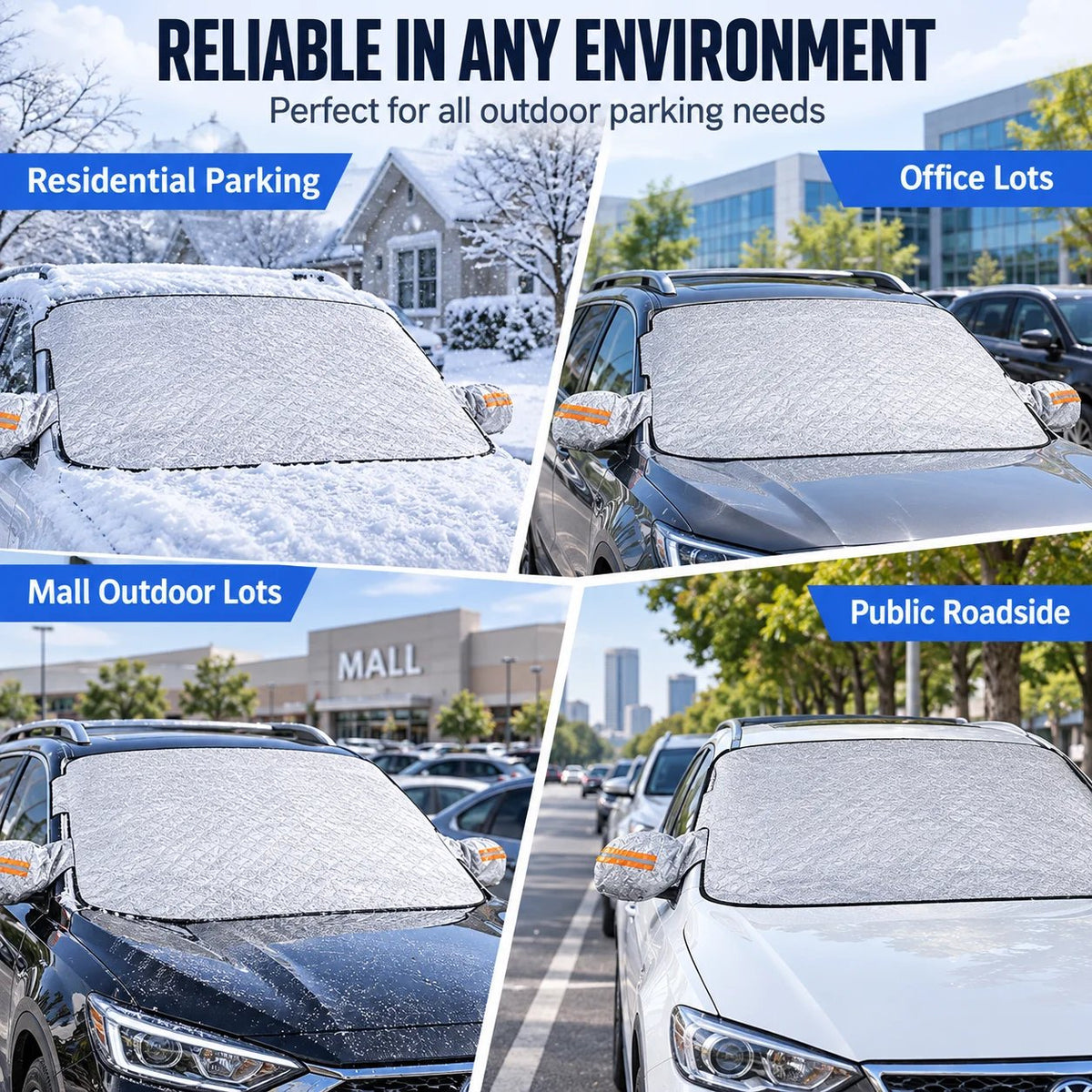 Windshield cover used in residential, office, shopping-center and roadside parking locations