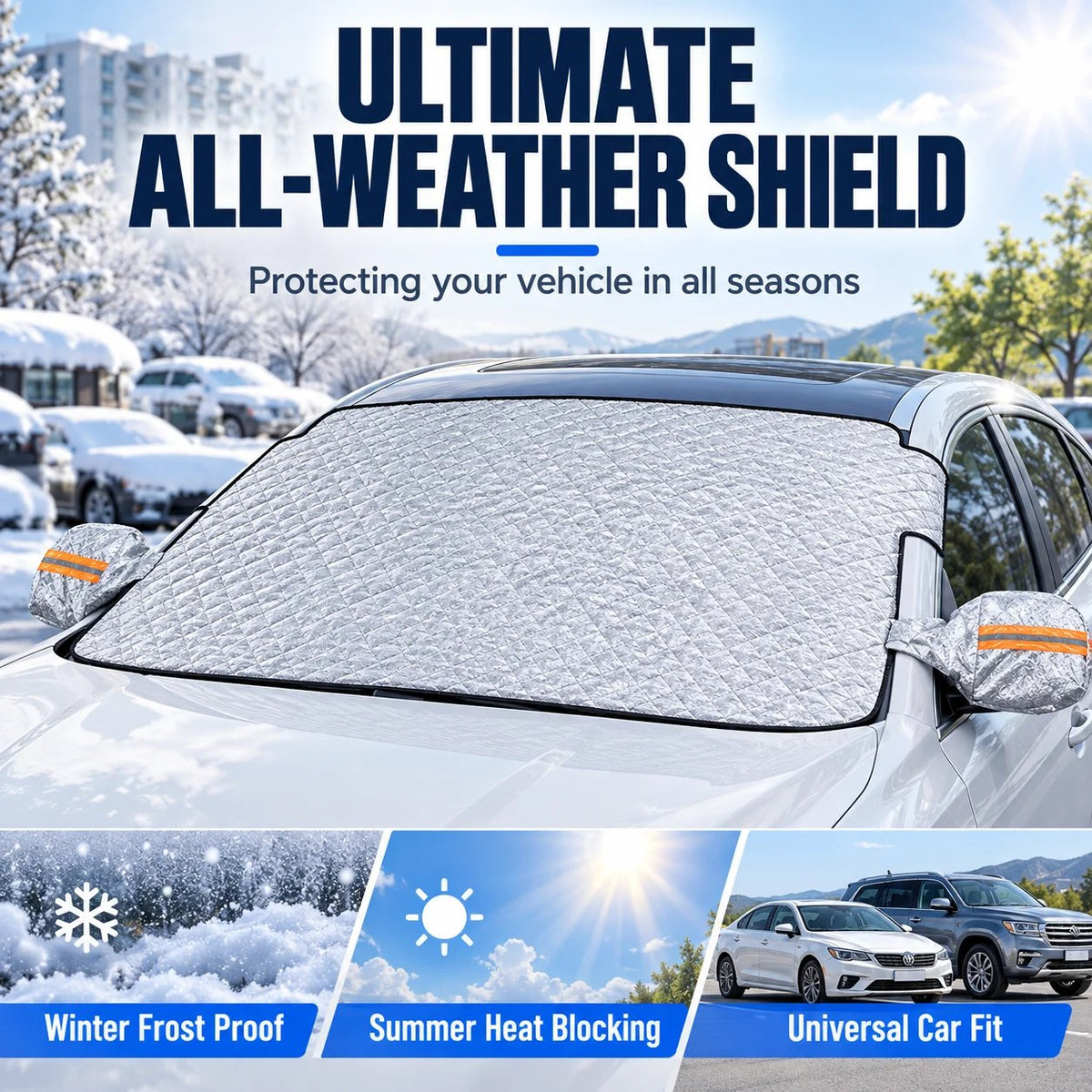 Silver exterior windshield cover with matching side mirror covers installed on a parked car
