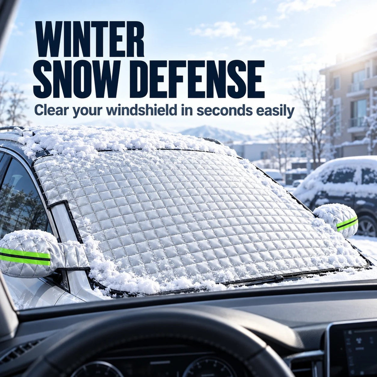 Winter scene showing a silver windshield and mirror cover on a snow-covered parked vehicle