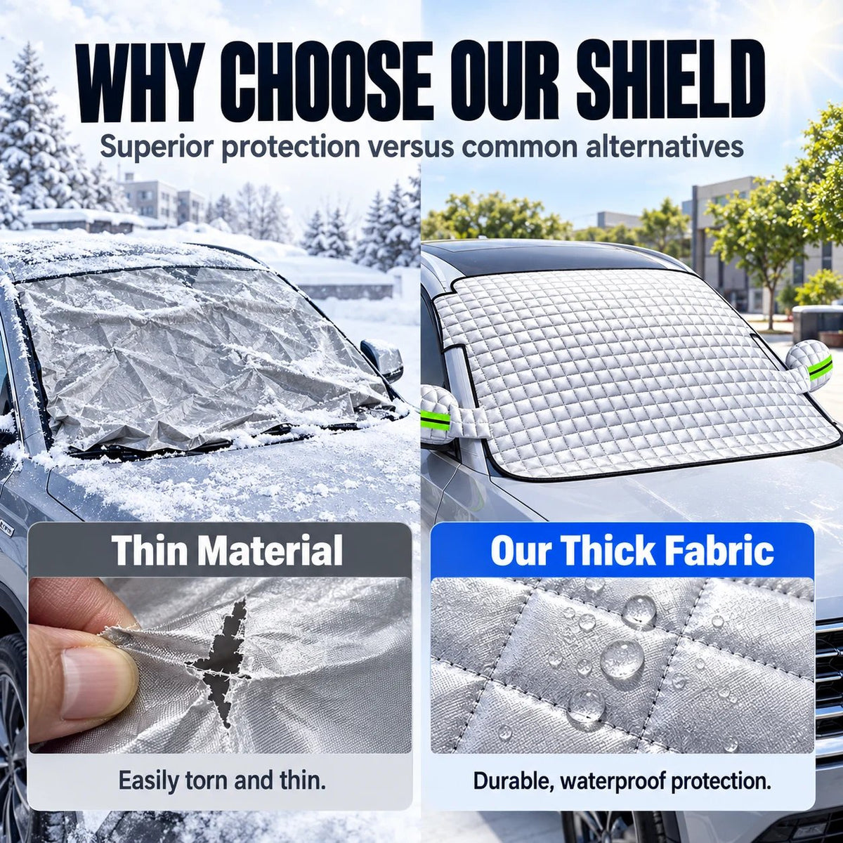 Product material comparison showing a thin sheet alongside the quilted windshield cover